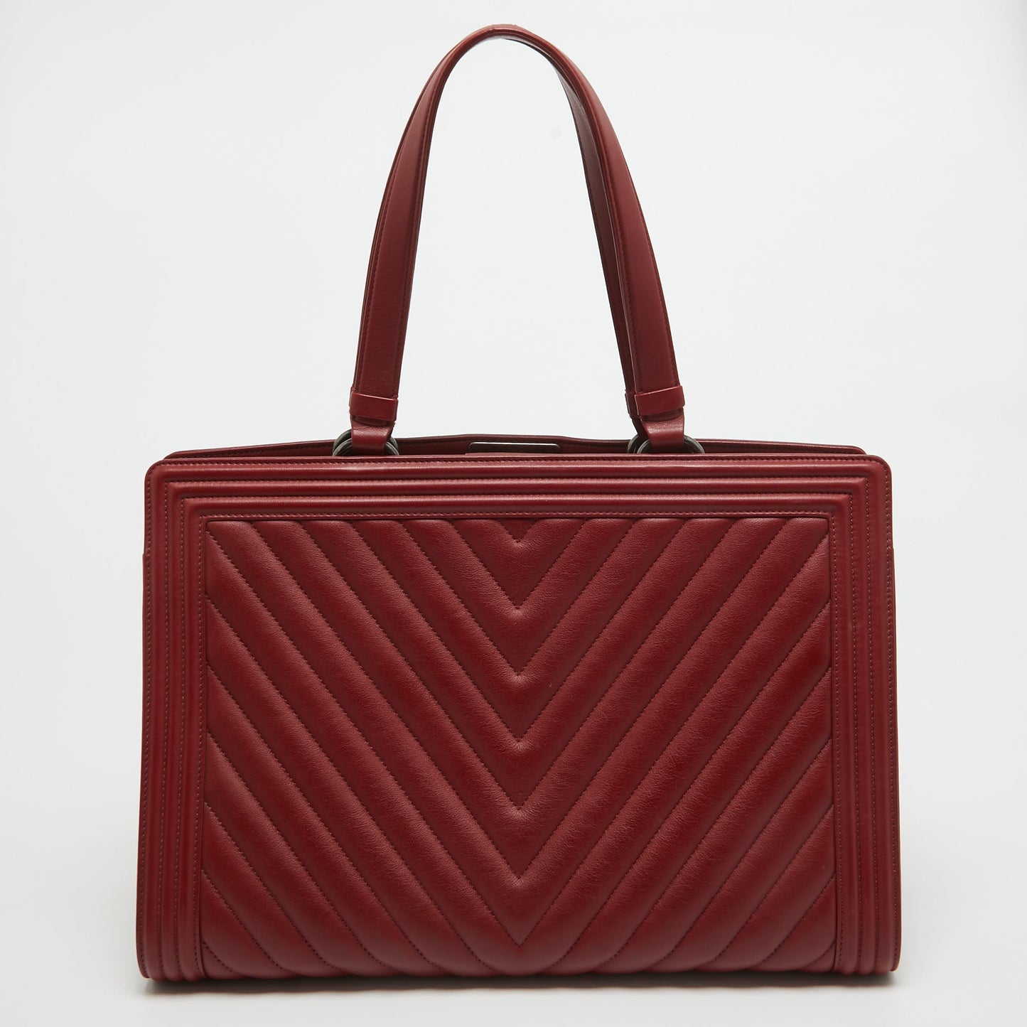 CHANEL Red Chevron Quilted Leather Large Boy Shopper Tote