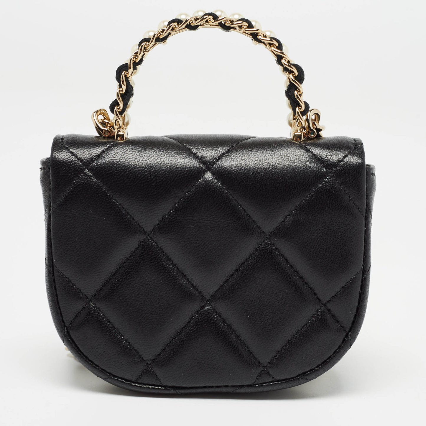 CHANEL Black Quilted Leather Micro CC Pearl Embellished Bag