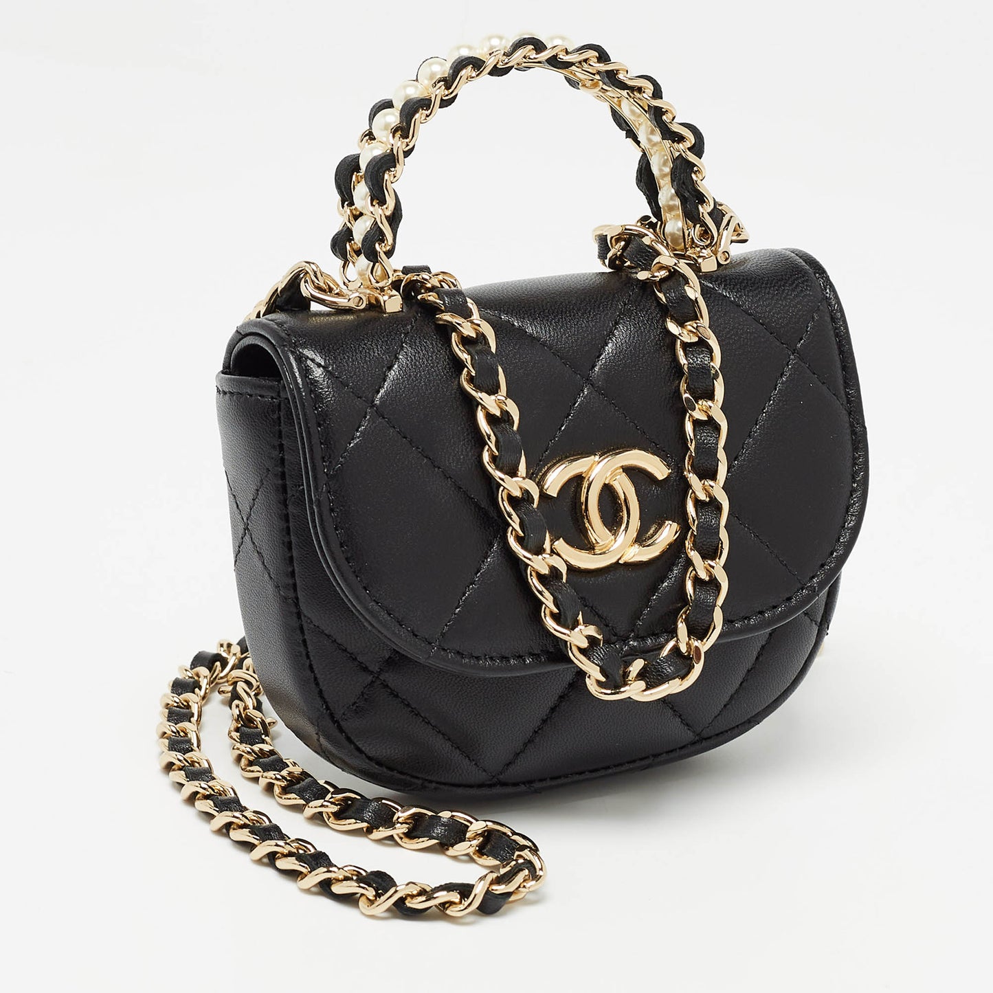 CHANEL Black Quilted Leather Micro CC Pearl Embellished Bag