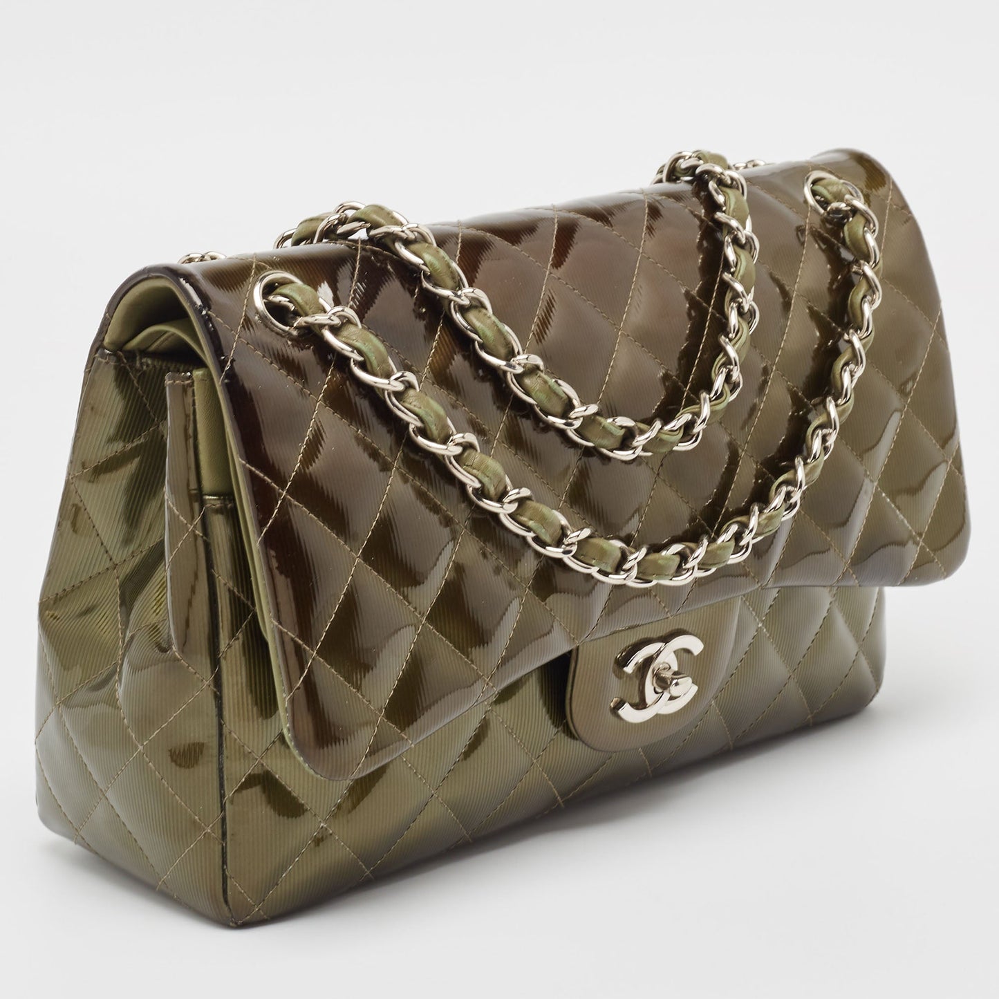 CHANEL Green Quilted Patent Leather Jumbo Classic Double Flap Bag