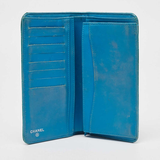 CHANEL Teal Quilted Patent Leather L Yen Wallet