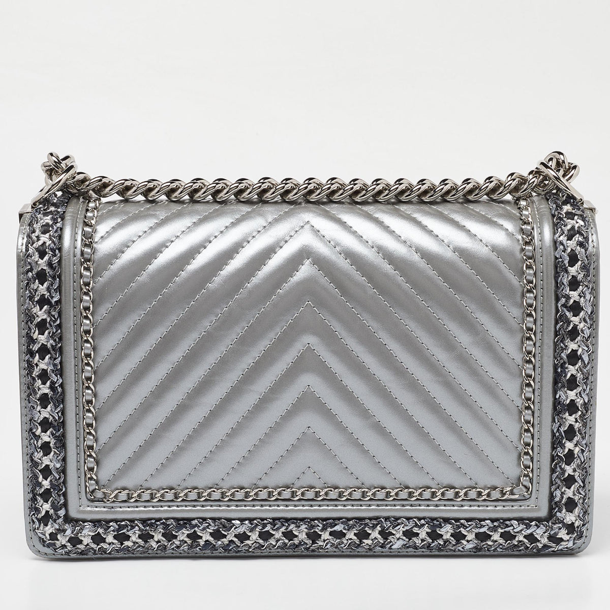 CHANEL Silver Quilted Leather New Medium Boy Flap Bag