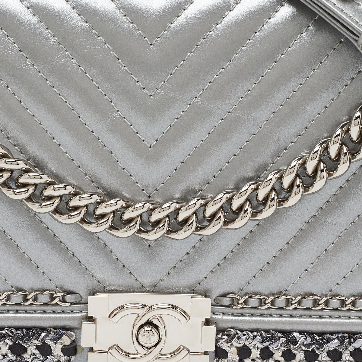 CHANEL Silver Quilted Leather New Medium Boy Flap Bag
