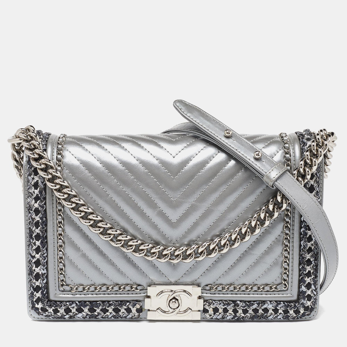 CHANEL Silver Quilted Leather New Medium Boy Flap Bag