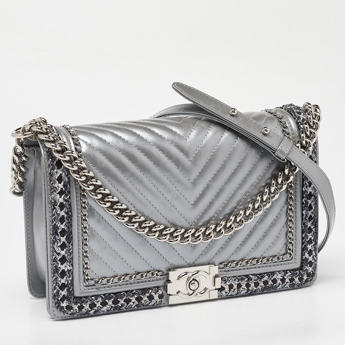 CHANEL Silver Quilted Leather New Medium Boy Flap Bag