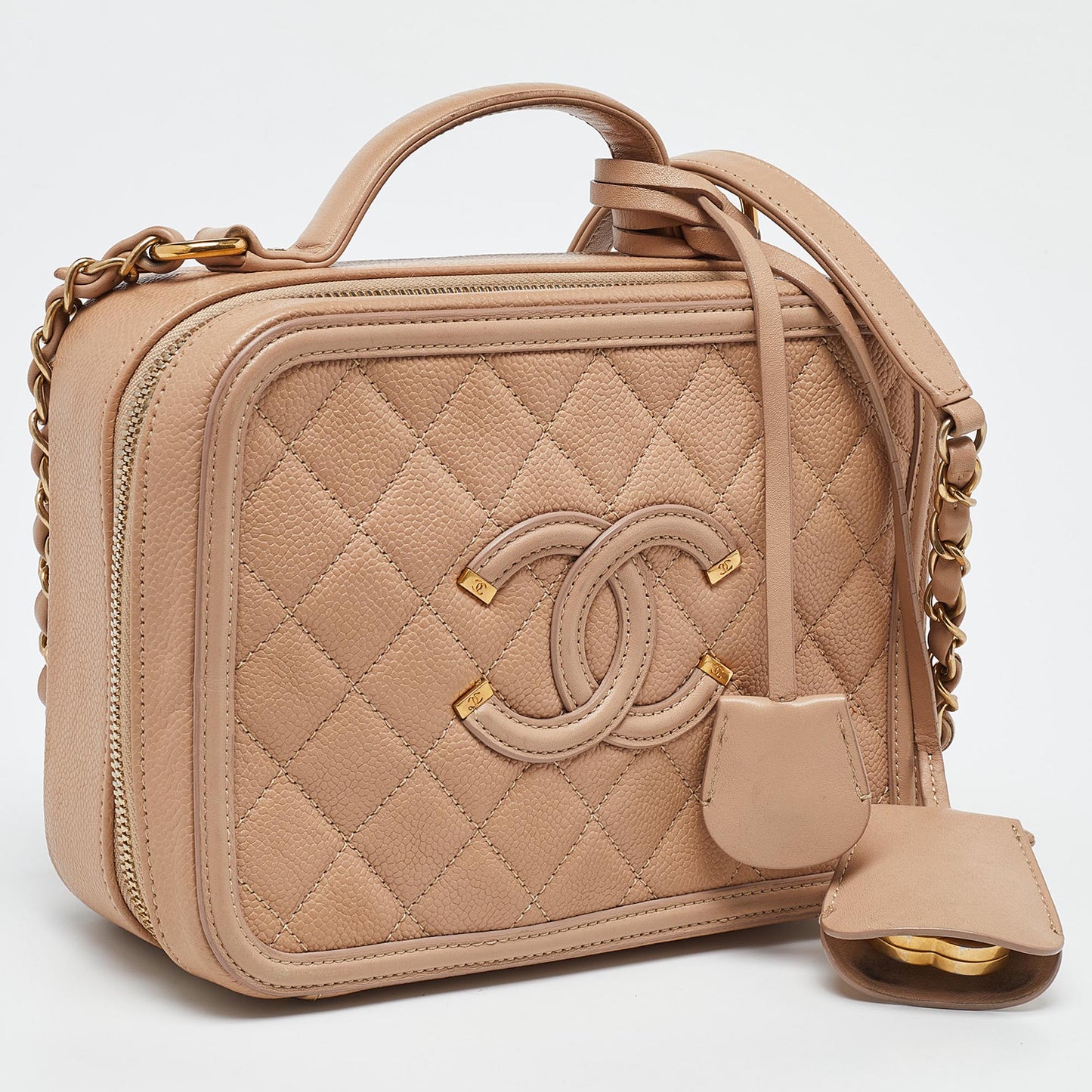 CHANEL Beige Quilted Caviar Leather Medium CC Filigree Vanity Case Bag