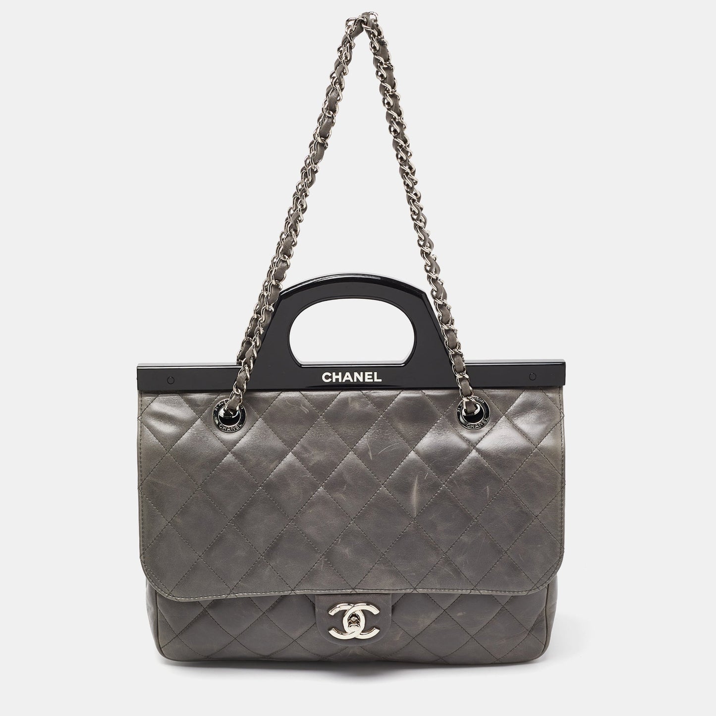 CHANEL Grey Quilted Glazed Leather Small CC Delivery Bag