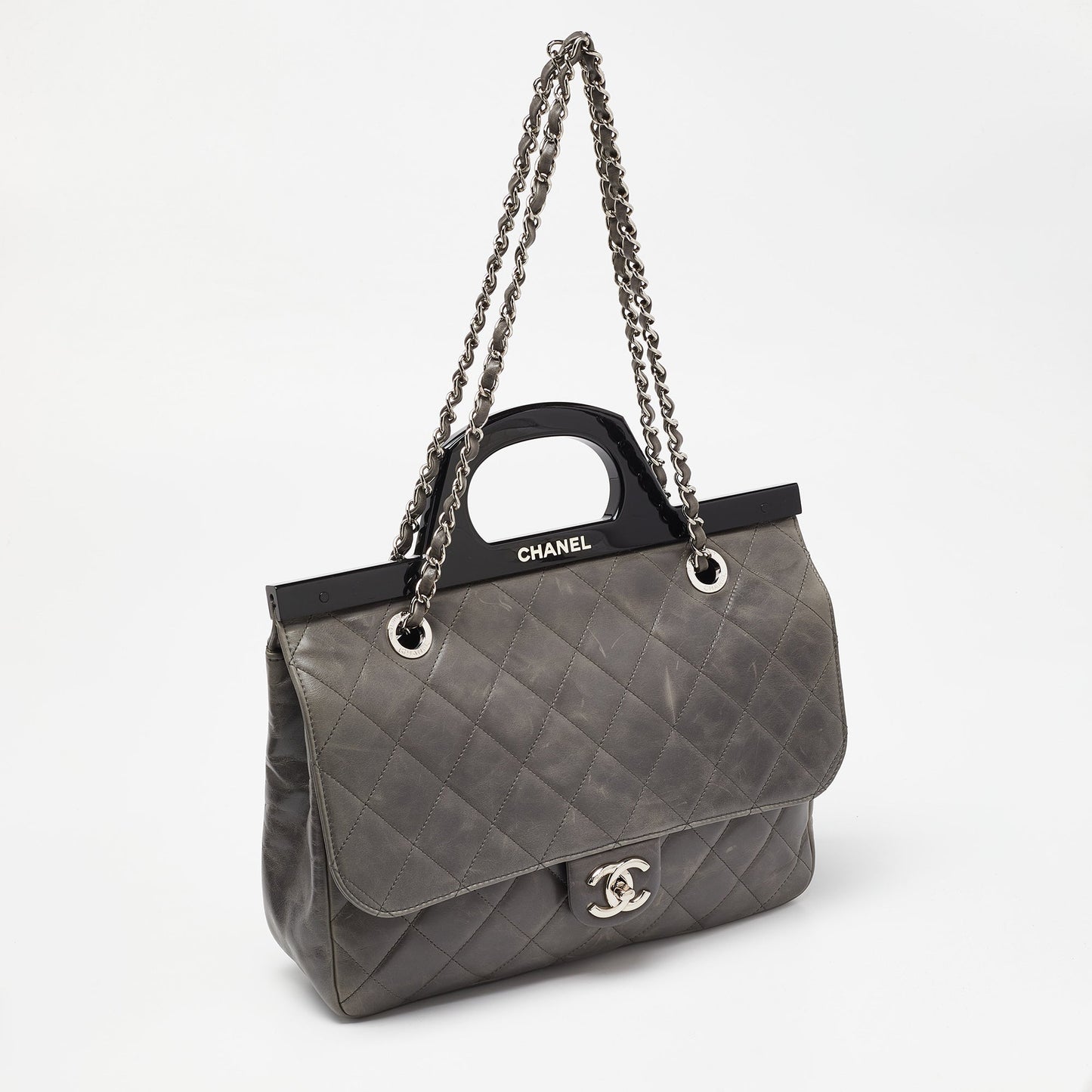 CHANEL Grey Quilted Glazed Leather Small CC Delivery Bag