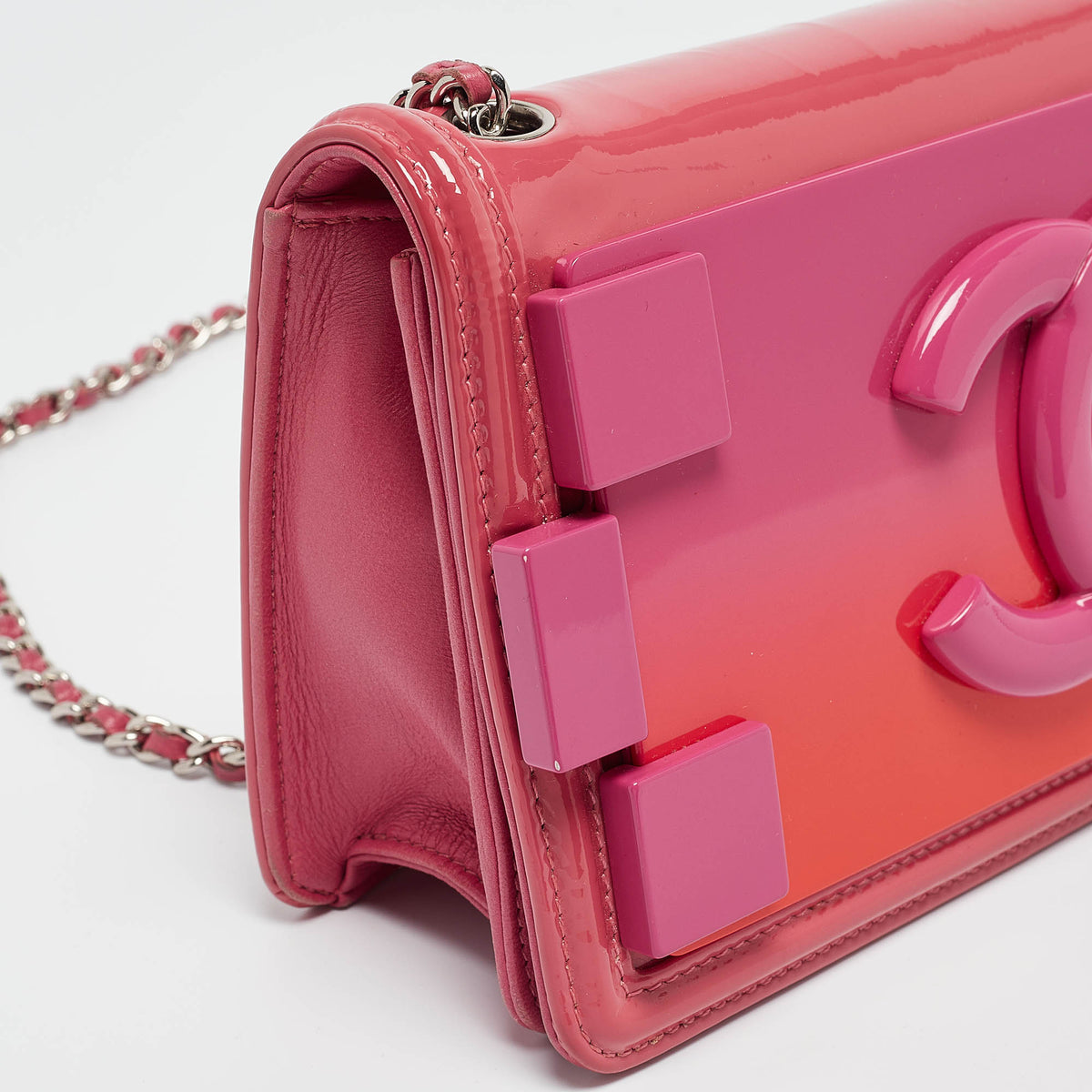 CHANEL Pink/Orange Plexiglass and Patent Leather Small Boy Brick Flap Bag