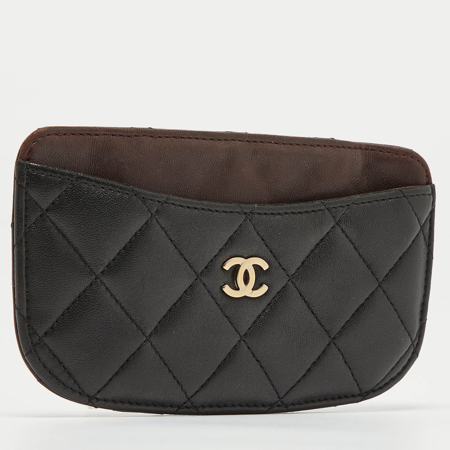 CHANEL Black/Burgundy Quilted Leather CC Curved Card Holder