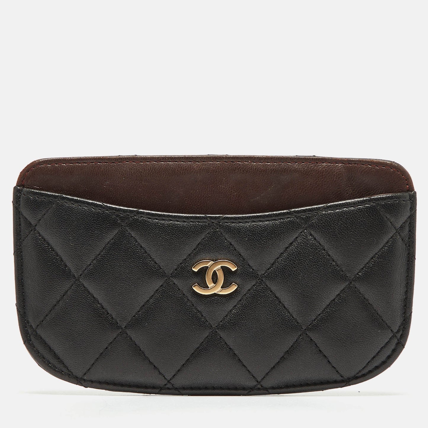 CHANEL Black/Burgundy Quilted Leather CC Curved Card Holder
