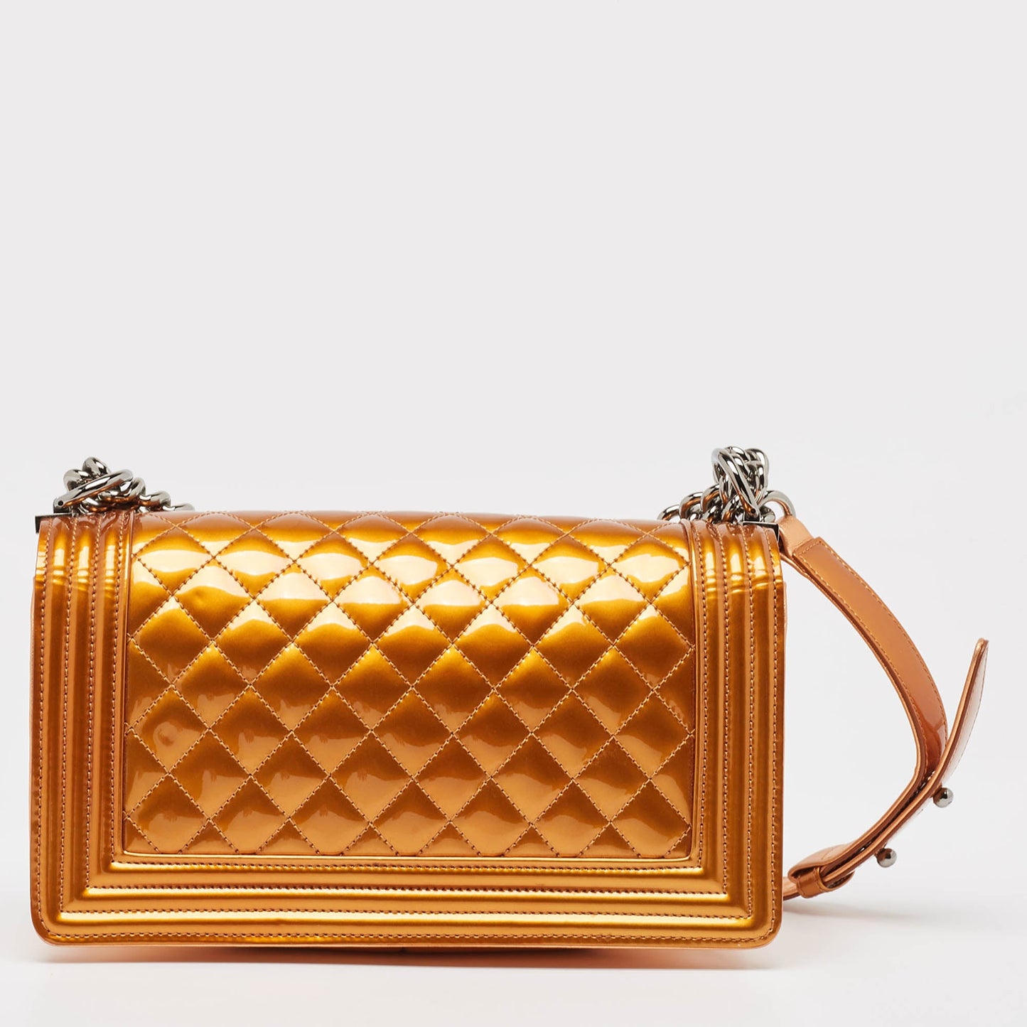 CHANEL Bronze Quilted Patent Leather Medium Boy Flap Bag