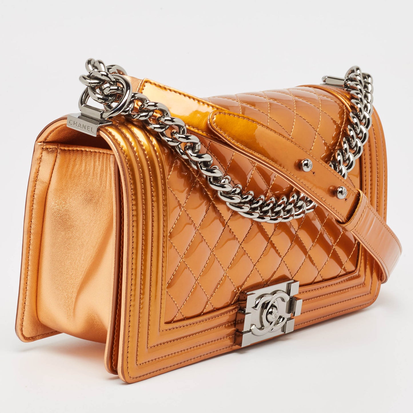 CHANEL Bronze Quilted Patent Leather Medium Boy Flap Bag