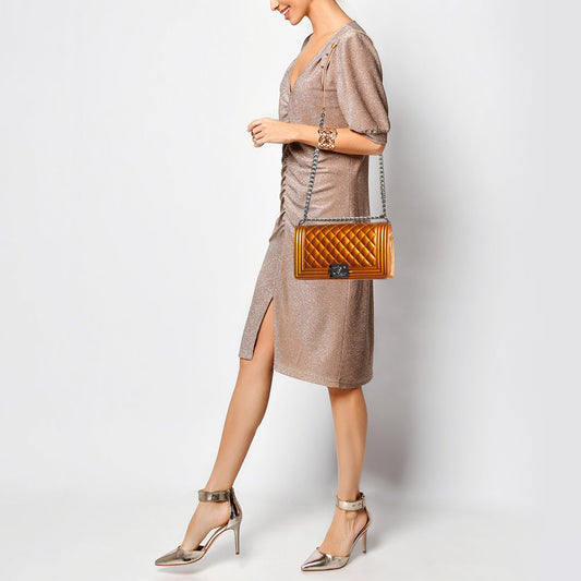 CHANEL Bronze Quilted Patent Leather Medium Boy Flap Bag