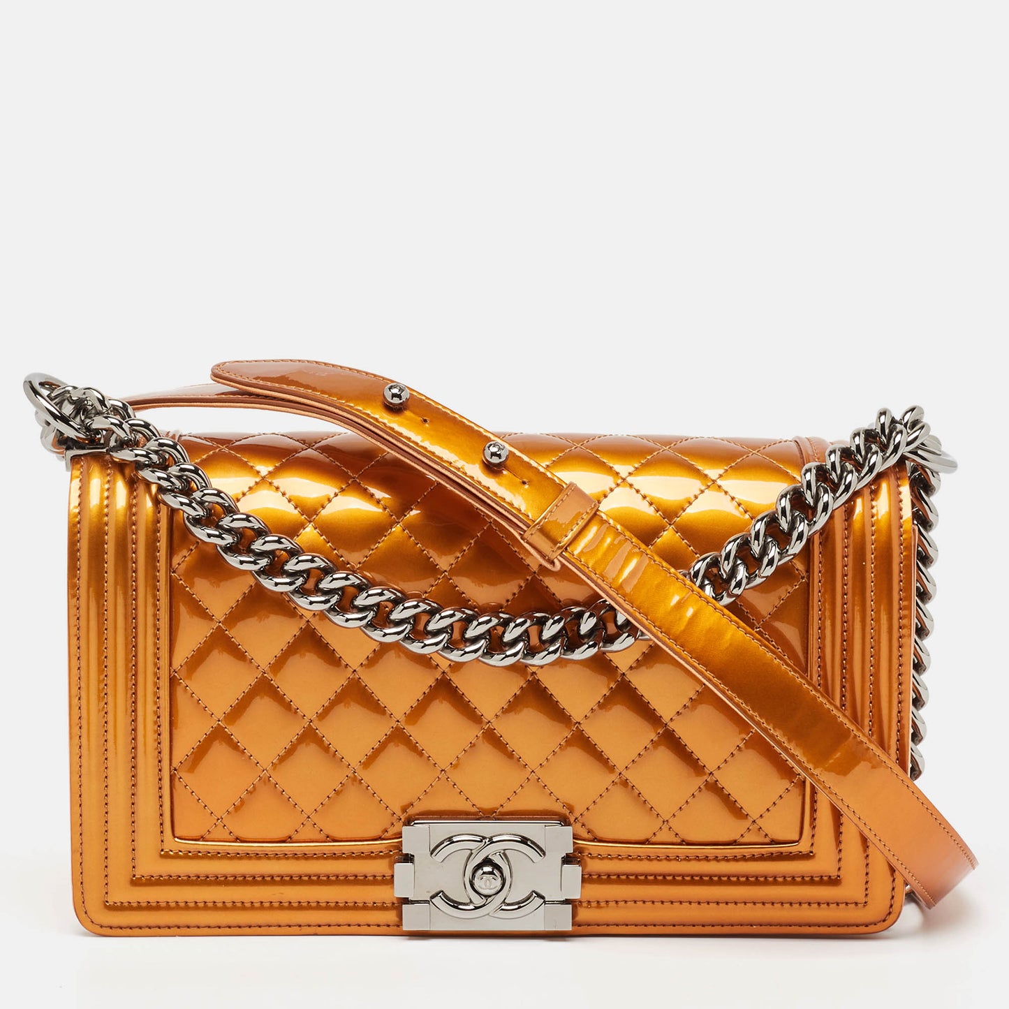 CHANEL Bronze Quilted Patent Leather Medium Boy Flap Bag