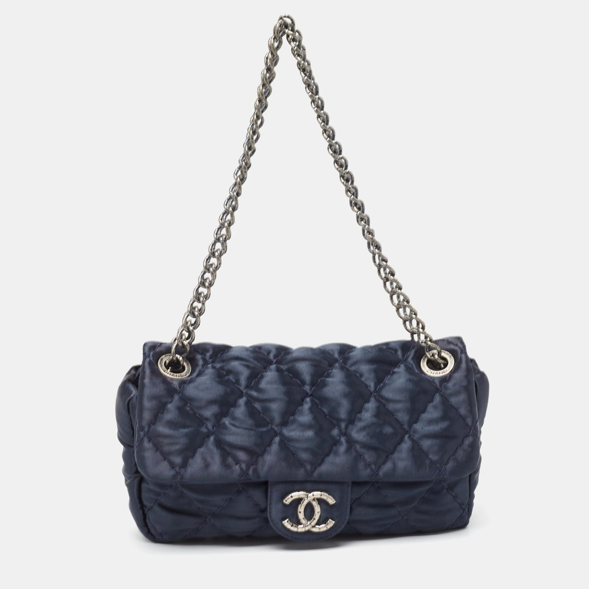 CHANEL Navy Blue Quilted Satin Medium Classic Single Flap Bag