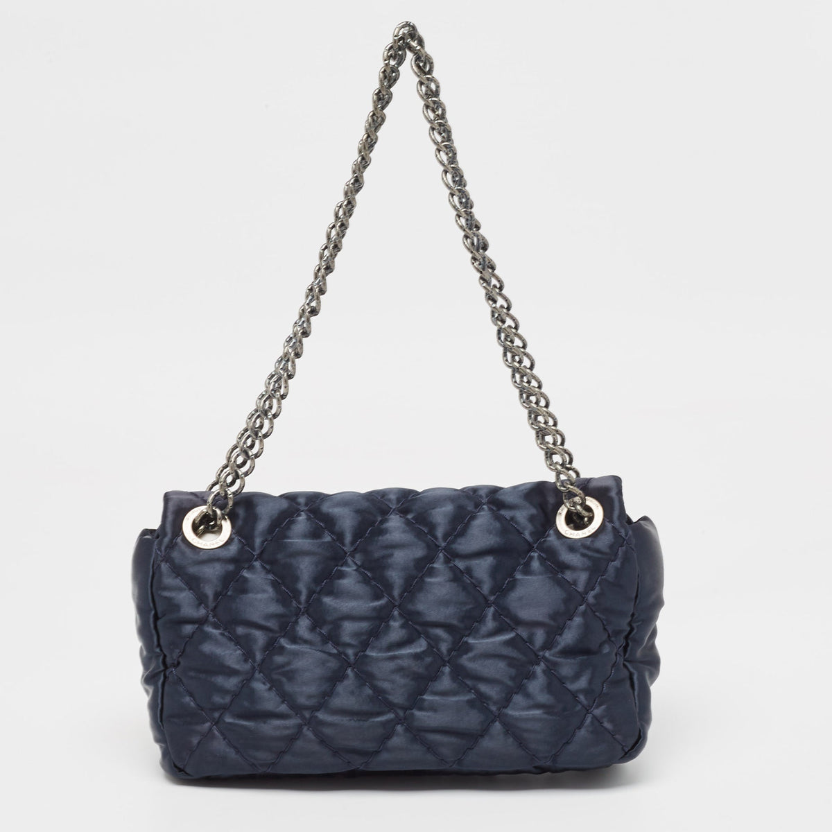 CHANEL Navy Blue Quilted Satin Medium Classic Single Flap Bag