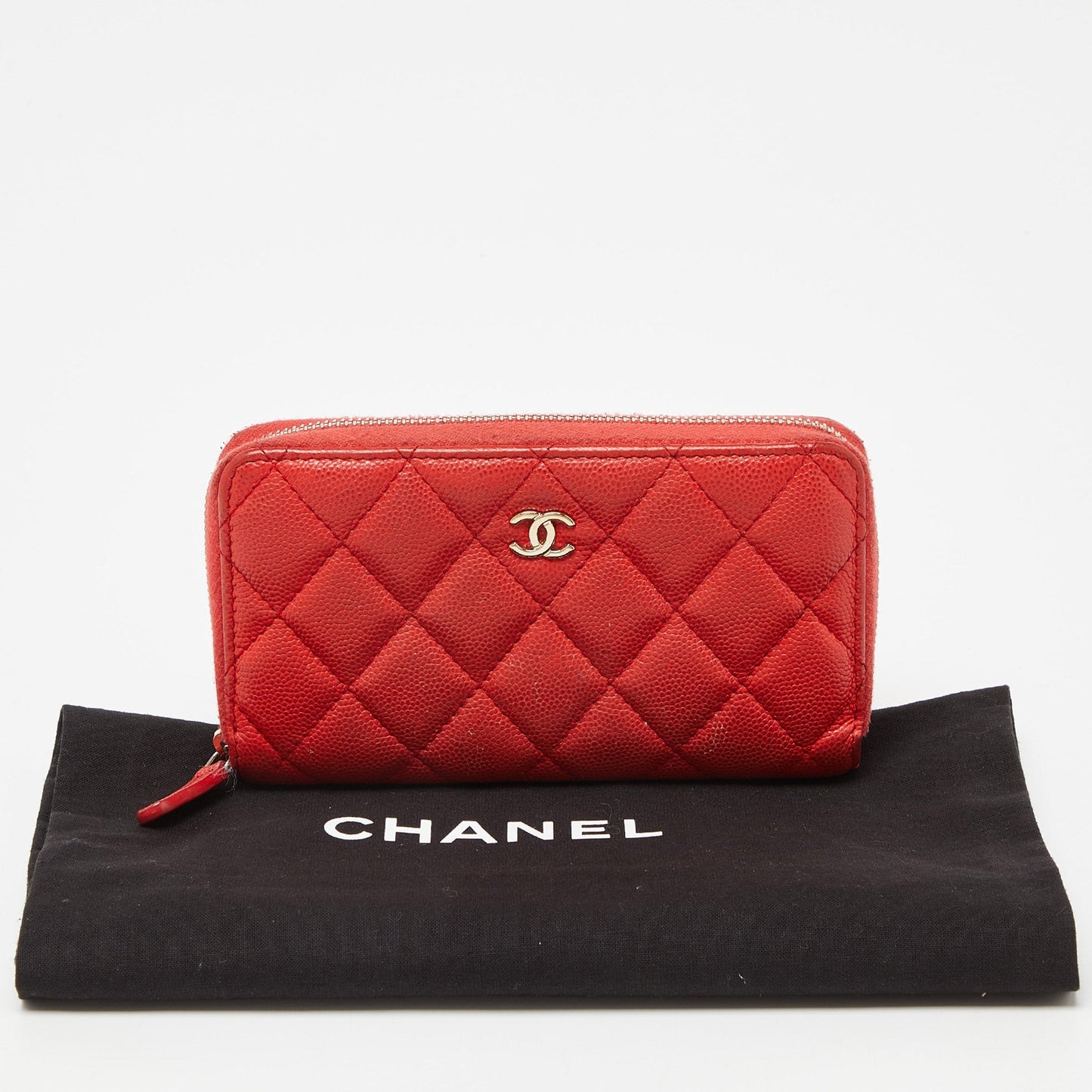 CHANEL Orange Quilted Caviar Leather Zip Around Wallet