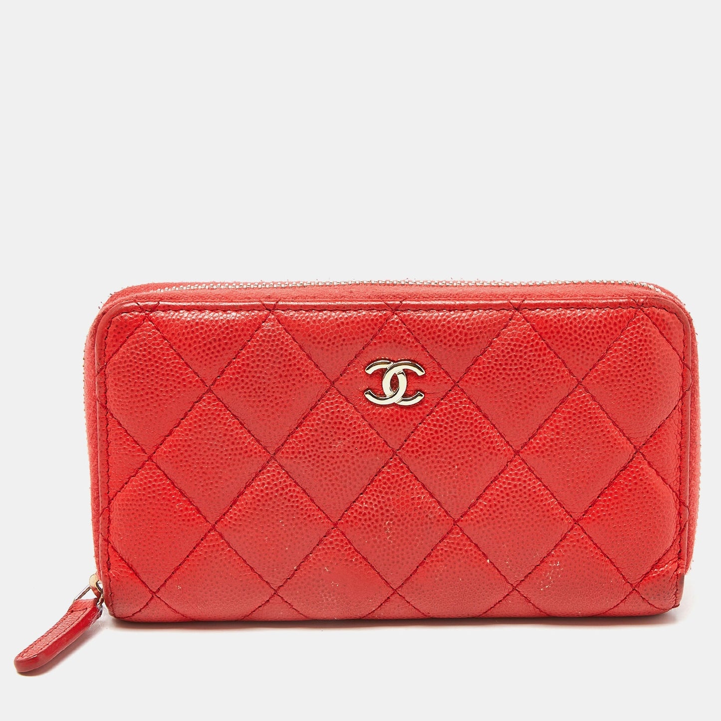 CHANEL Orange Quilted Caviar Leather Zip Around Wallet