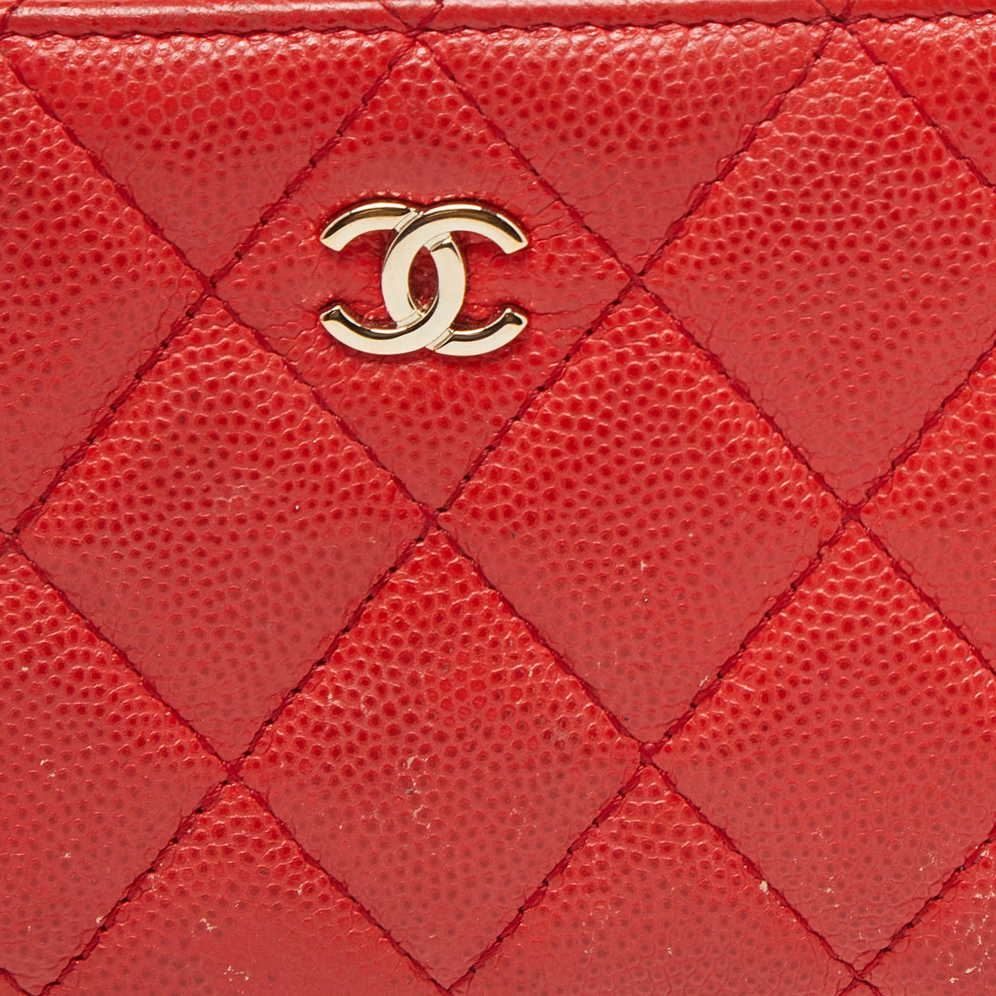 CHANEL Orange Quilted Caviar Leather Zip Around Wallet