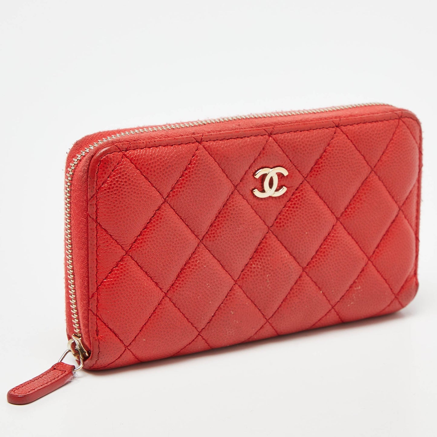 CHANEL Orange Quilted Caviar Leather Zip Around Wallet