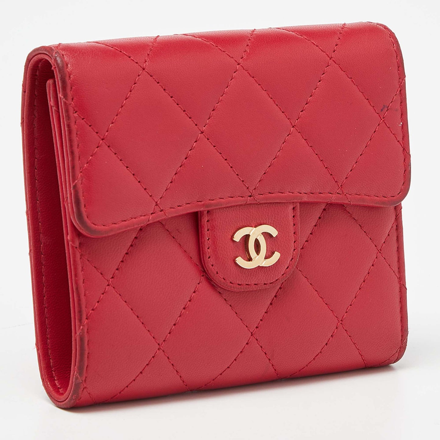 CHANEL Red Quilted Leather Trifold CC Wallet