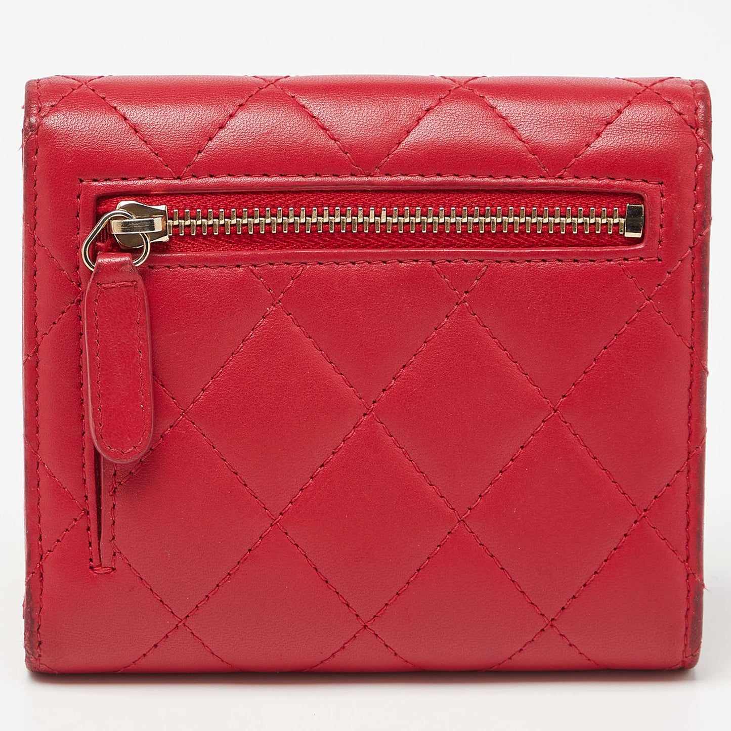 CHANEL Red Quilted Leather Trifold CC Wallet