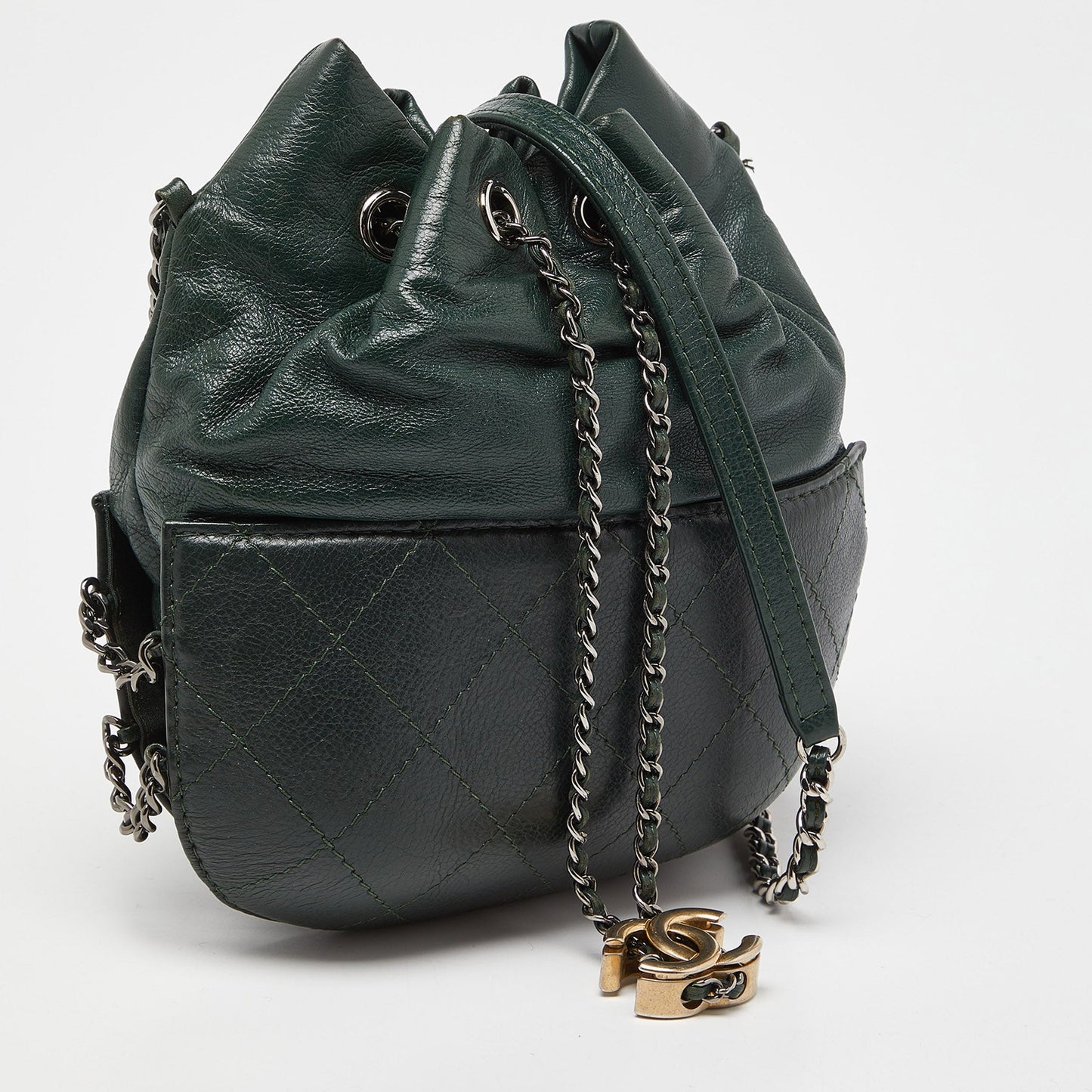 CHANEL Green Quilted Leather Small Gabrielle Bucket Bag