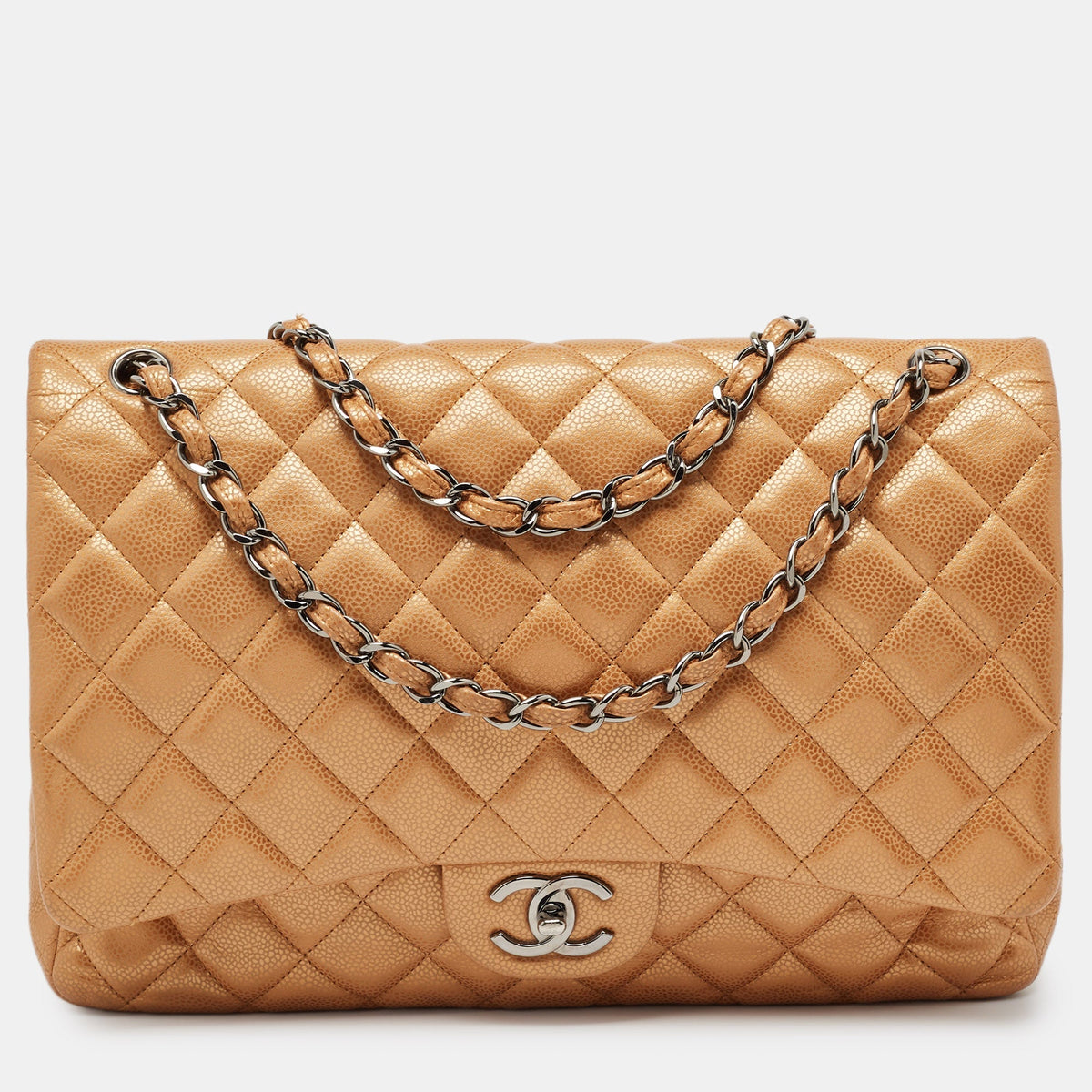 CHANEL Orange Quilted Caviar Leather Maxi Classic Double Flap Bag