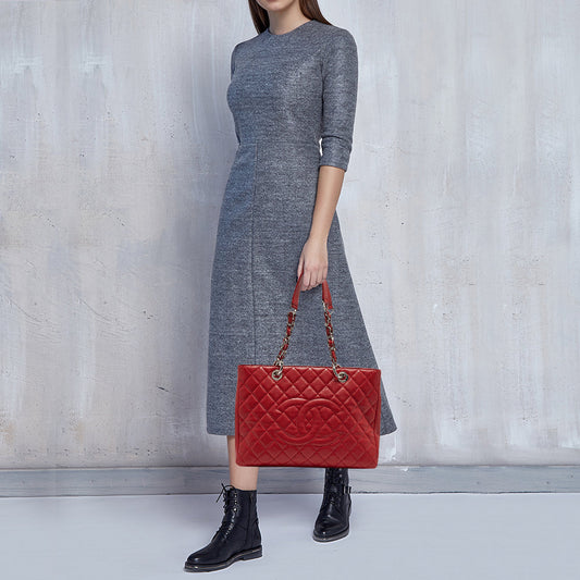CHANEL Red Quilted Caviar Leather Grand Shopper Tote