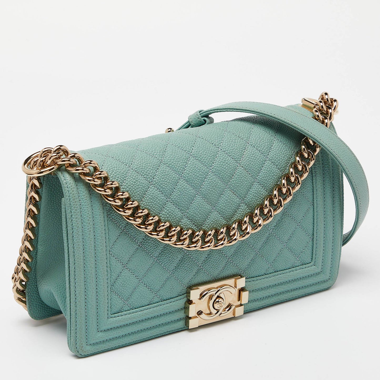CHANEL Green Quilted Caviar Leather Medium Boy Flap Bag