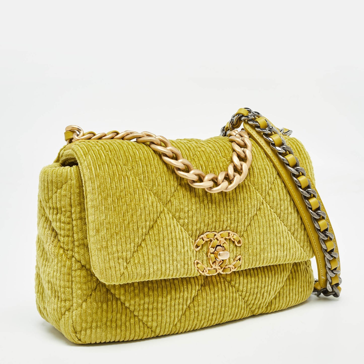 CHANEL Green Quilted Corduroy Medium 19 Flap Bag