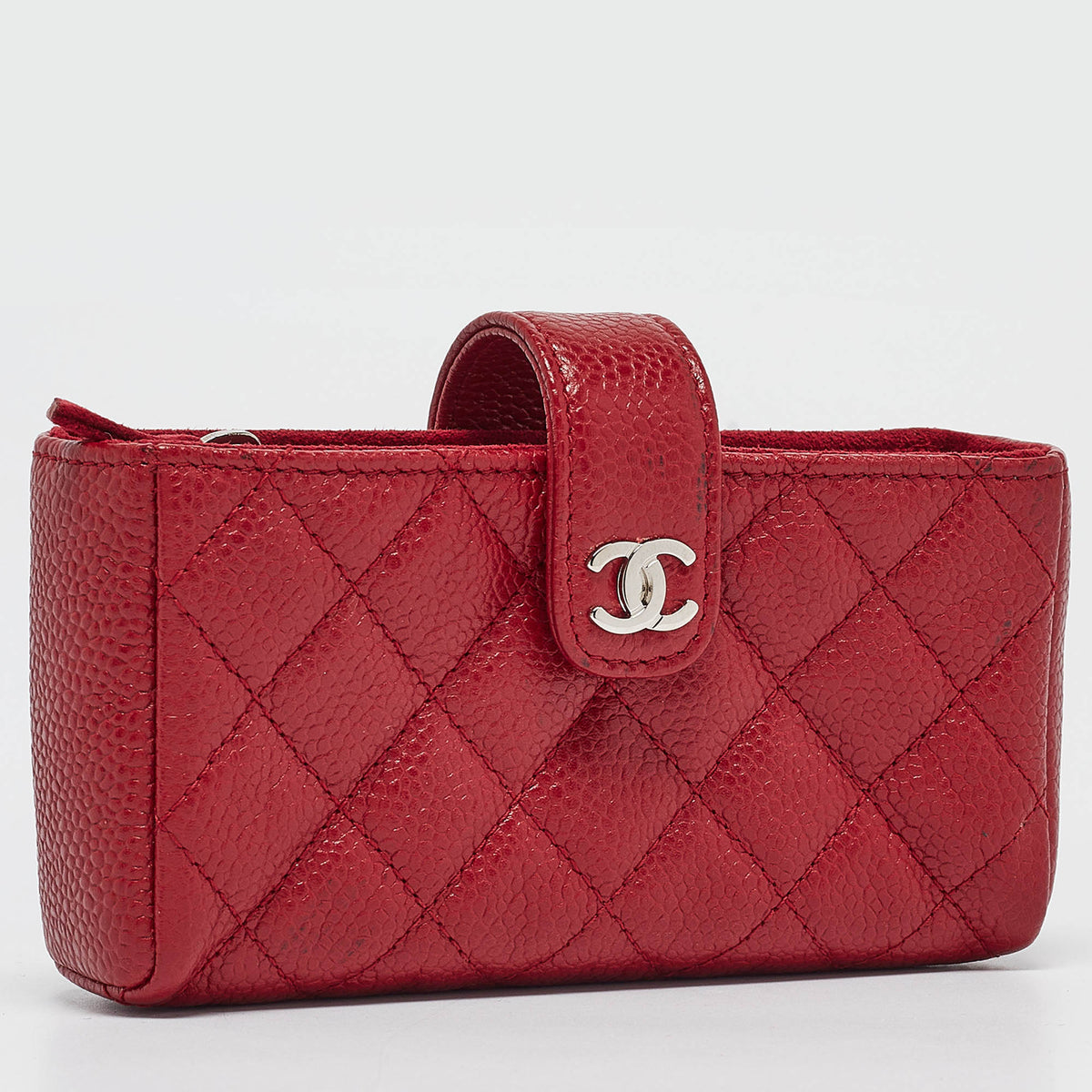 CHANEL Red Quilted Caviar Leather CC O Phone Pouch