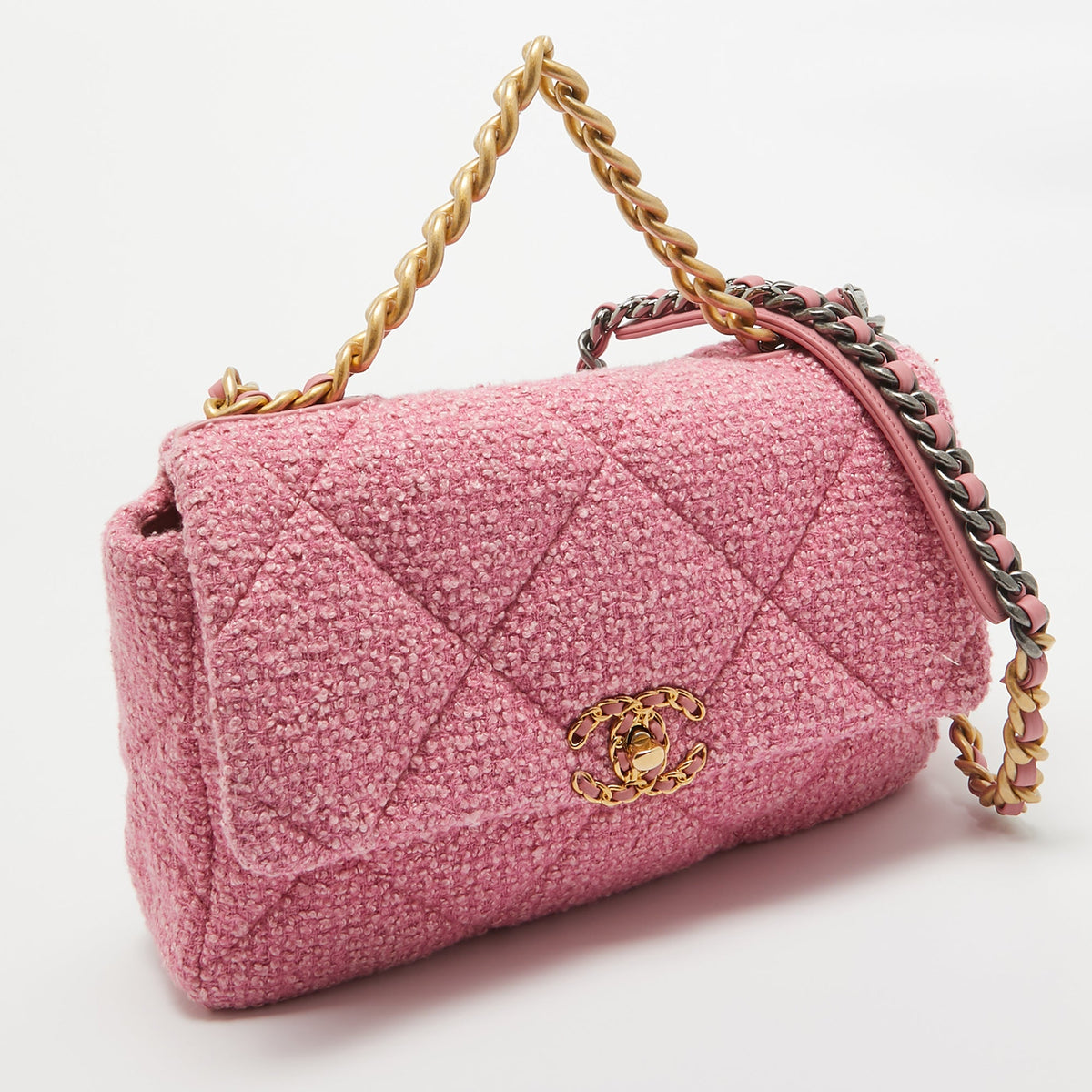 CHANEL Pink Quilted Tweed 19 Large Flap Bag