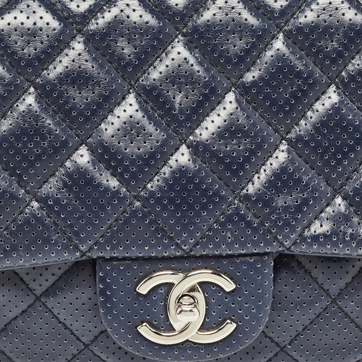 CHANEL Navy Blue Perforated Leather Punch Flap Bag