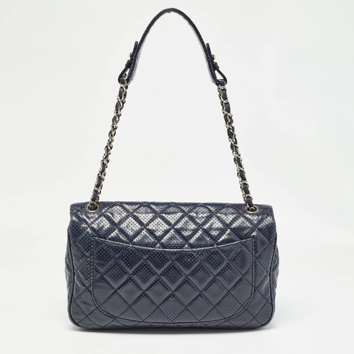 CHANEL Navy Blue Perforated Leather Punch Flap Bag