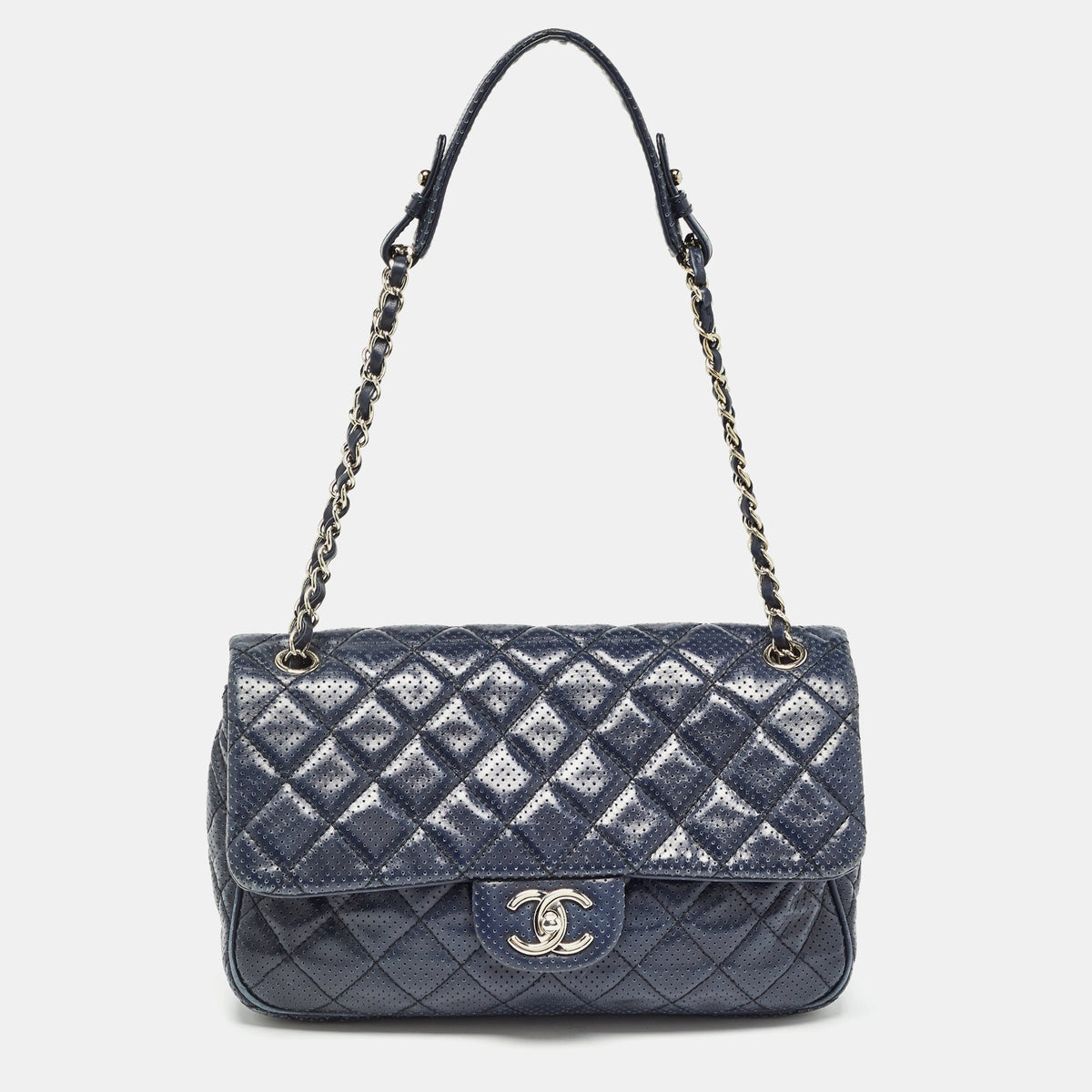 CHANEL Navy Blue Perforated Leather Punch Flap Bag