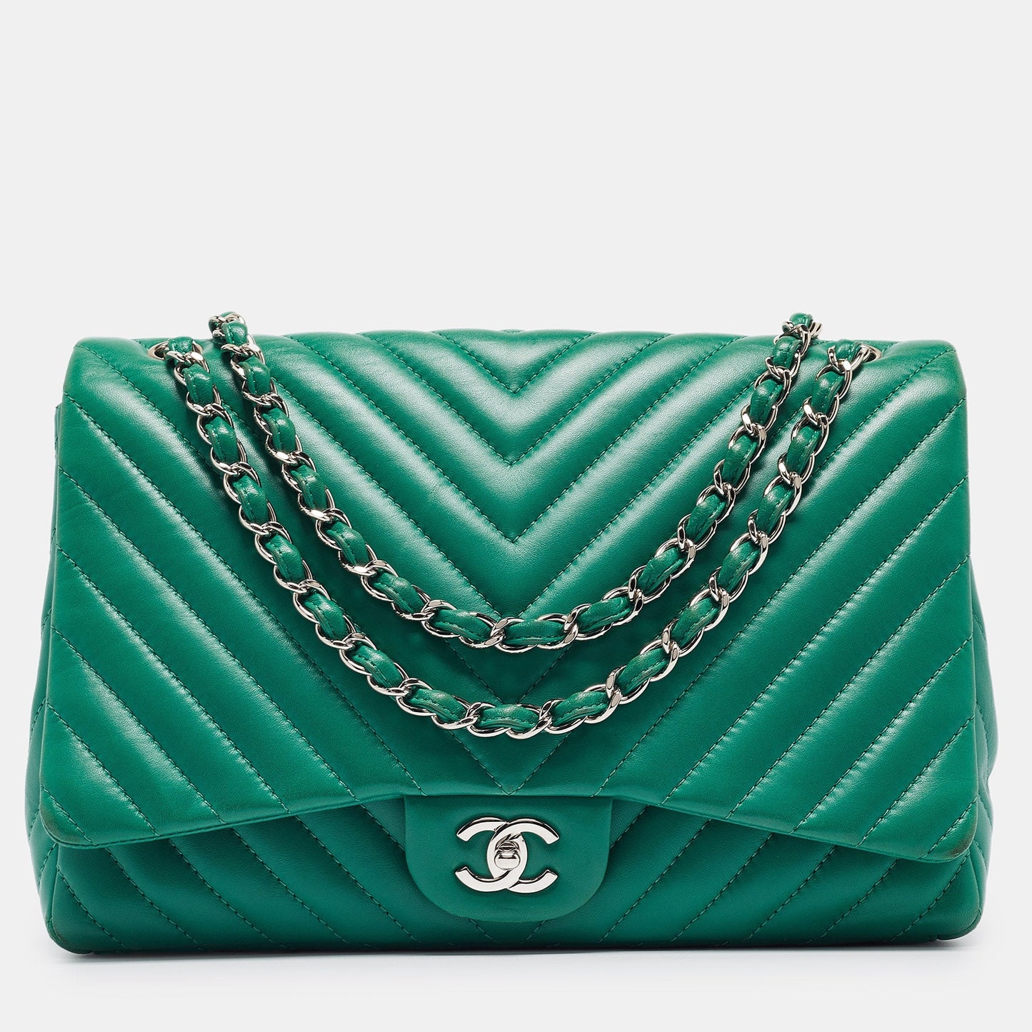 CHANEL Green Chevron Leather Maxi Classic Single Flap Bag