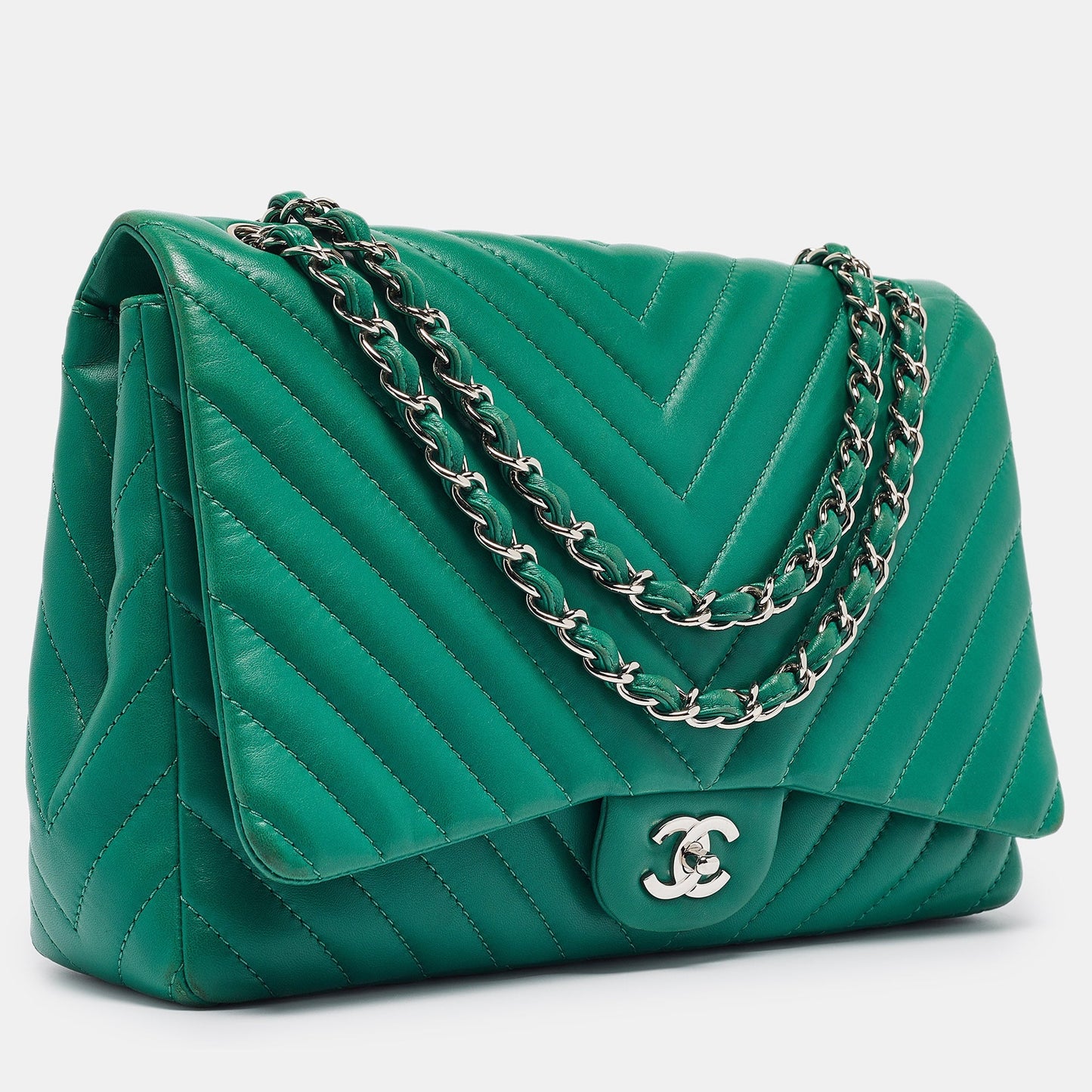 CHANEL Green Chevron Leather Maxi Classic Single Flap Bag