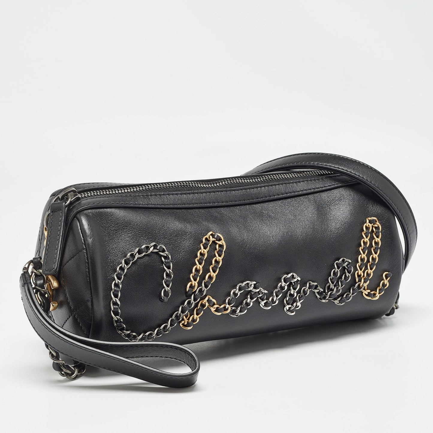 CHANEL  Black Leather Chain Signature Bowler Bag