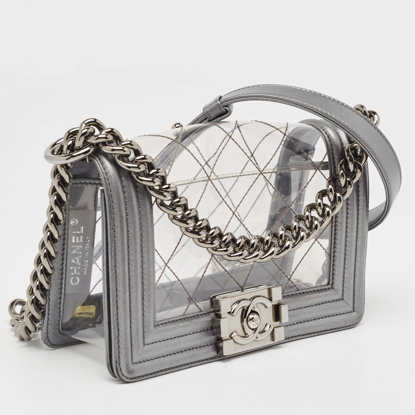 CHANEL Grey/Clear Quilted PVC and Leather Small Boy Flap Bag