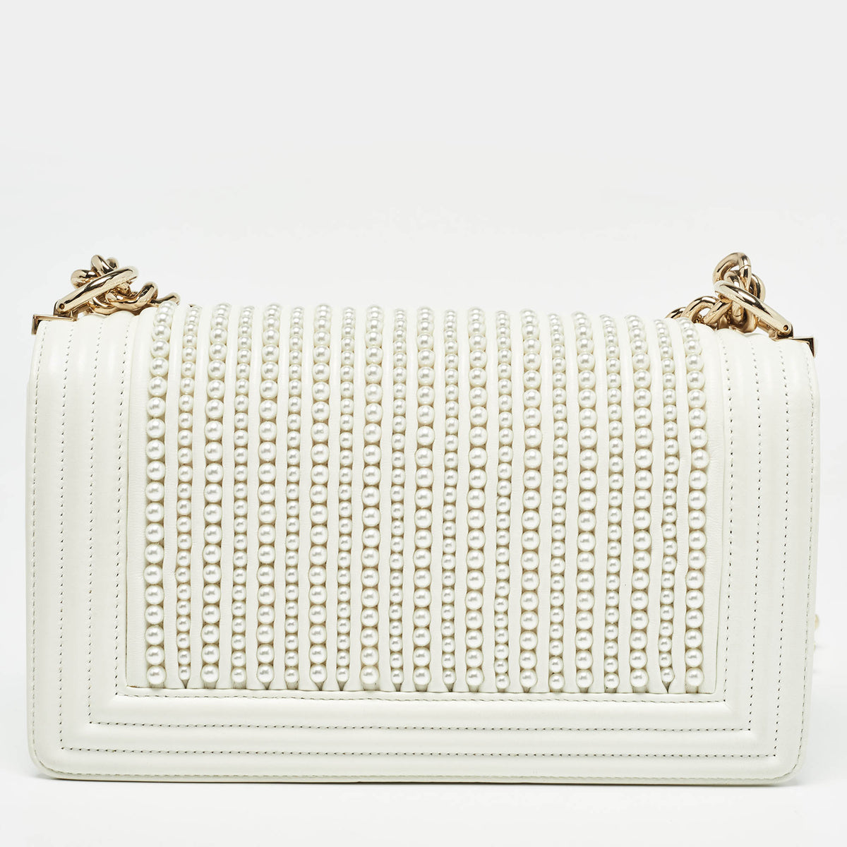 CHANEL White Pearl Embellished Leather Medium Boy Flap Bag