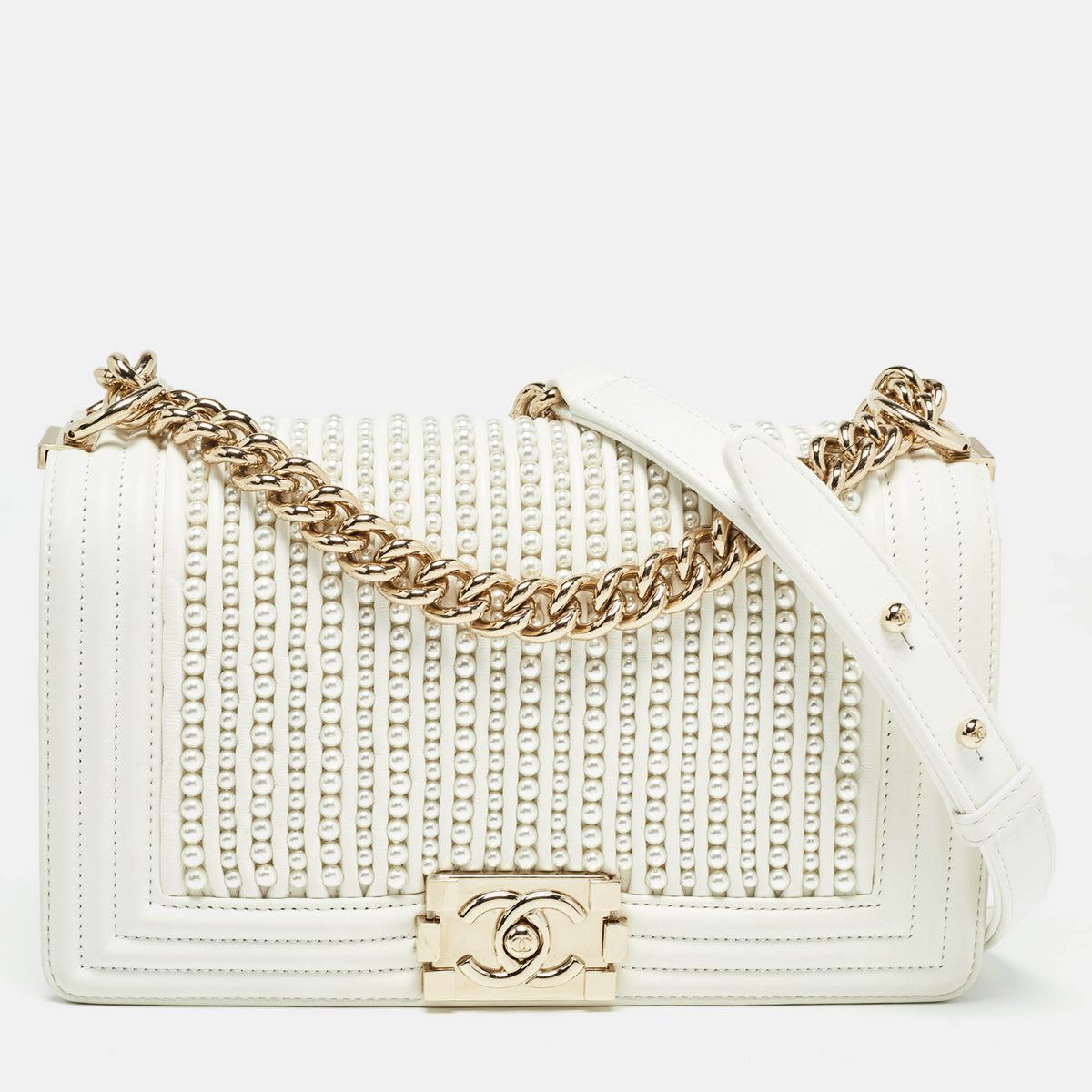 CHANEL White Pearl Embellished Leather Medium Boy Flap Bag