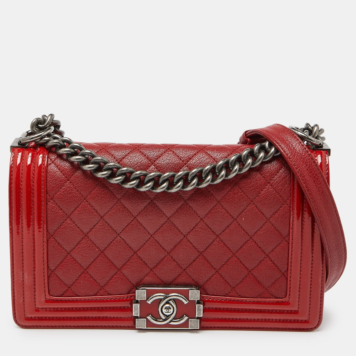 CHANEL Red Quilted Leather and Patent Leather Medium Boy Flap Bag