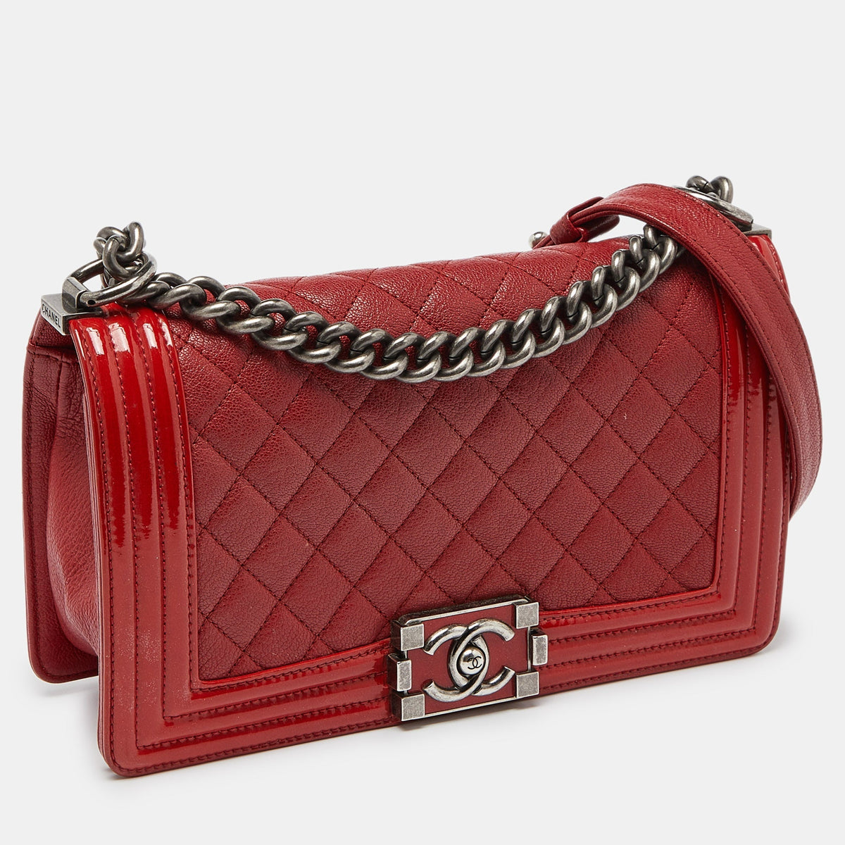 CHANEL Red Quilted Leather and Patent Leather Medium Boy Flap Bag