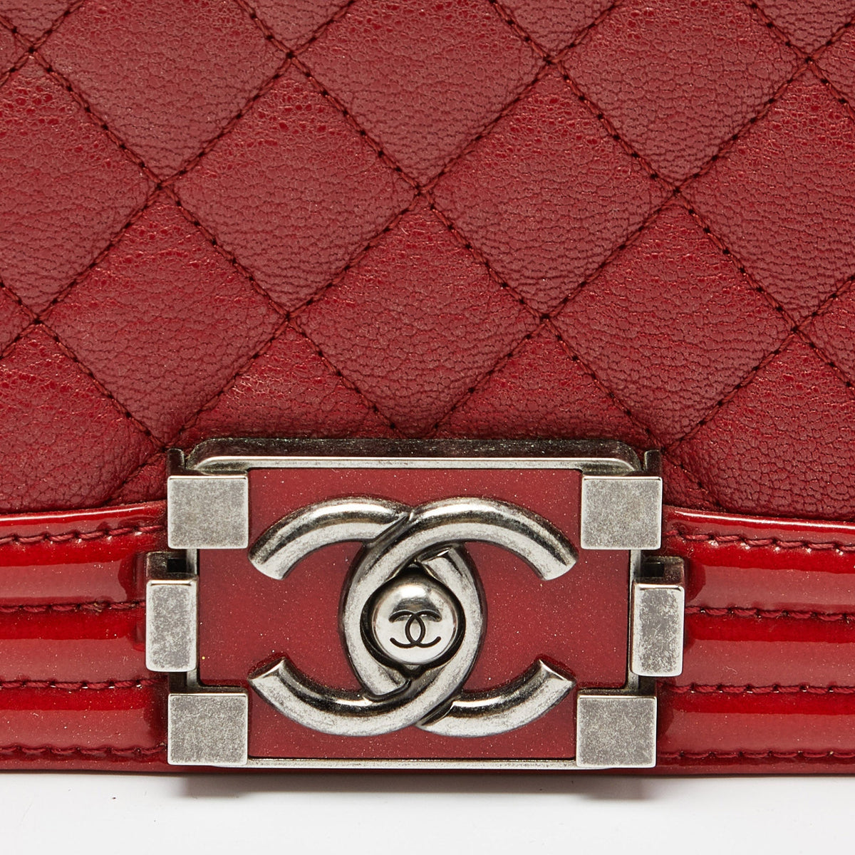 CHANEL Red Quilted Leather and Patent Leather Medium Boy Flap Bag