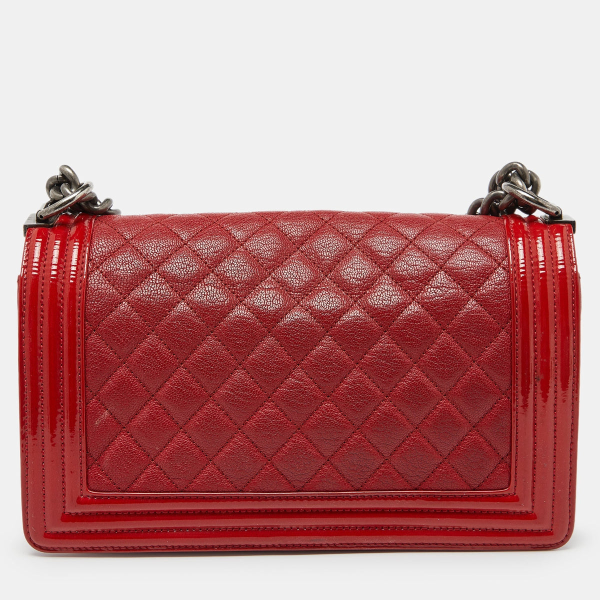 CHANEL Red Quilted Leather and Patent Leather Medium Boy Flap Bag