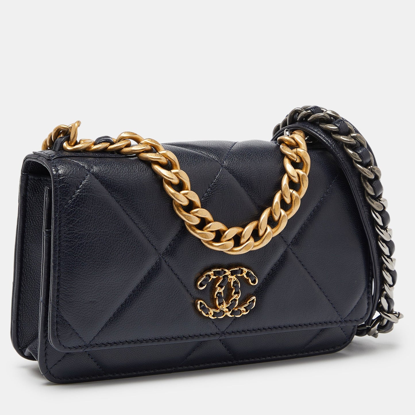 CHANEL Blue Quilted Leather 19 Chain Link Wallet on Chain