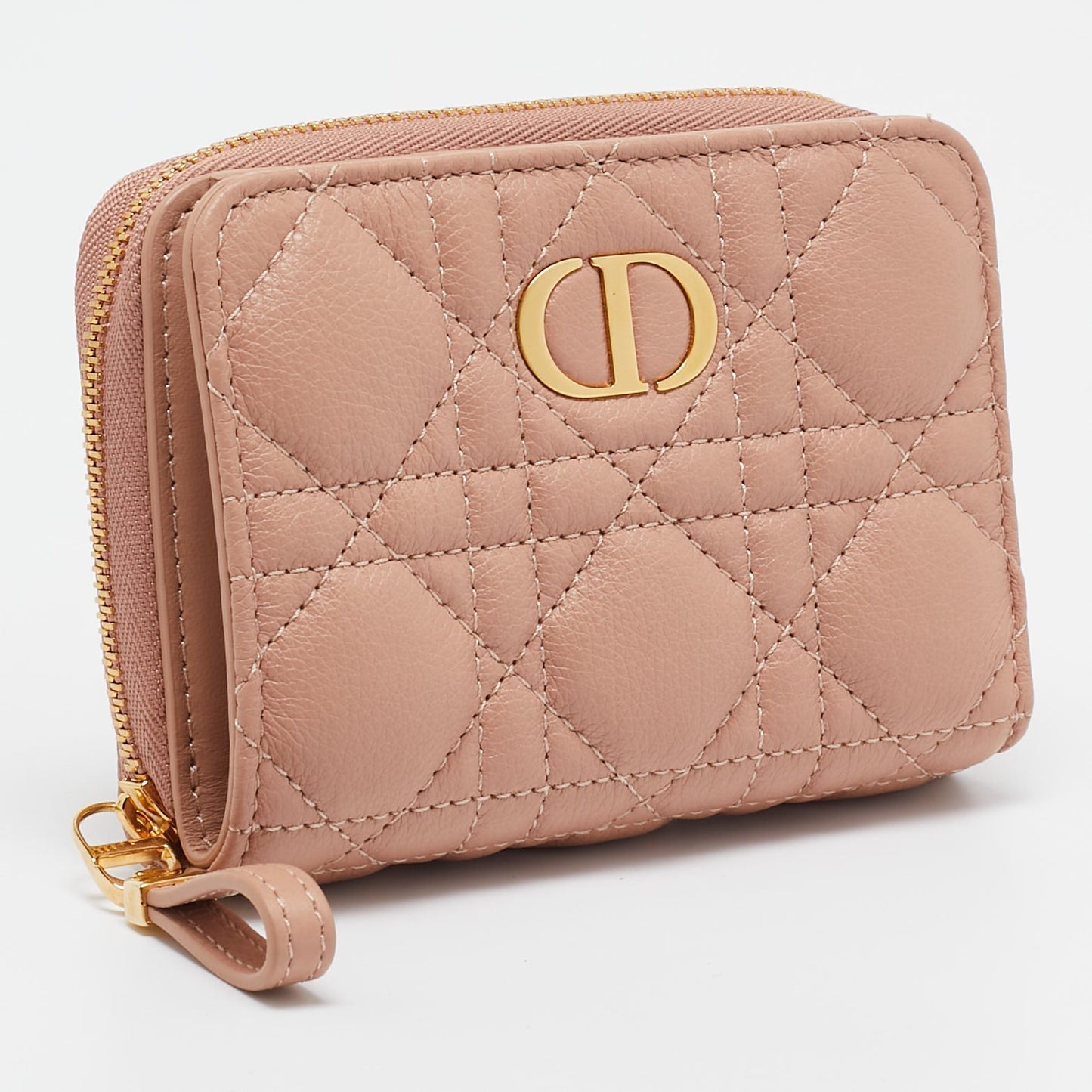 DIOR Beige Cannage Leather Caro Zip Compact Wallet