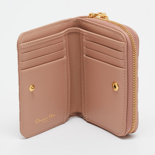 DIOR Beige Cannage Leather Caro Zip Compact Wallet